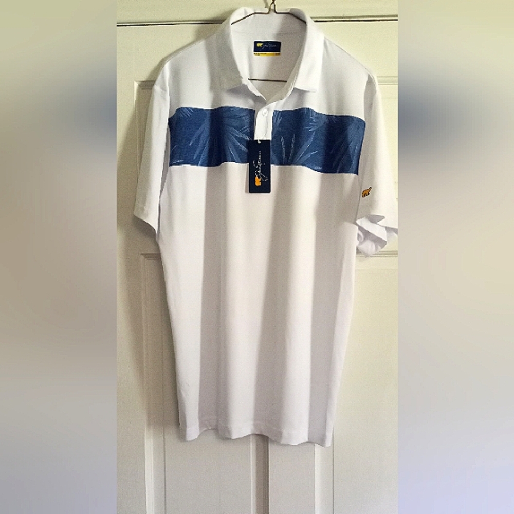 Men's Large Jack Nicklaus polo bright white and blue w/ moisture wicking shirt.